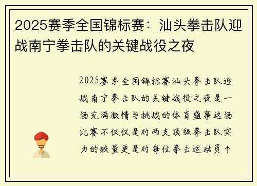 2025赛季全国锦标赛：汕头拳击队迎战南宁拳击队的关键战役之夜
